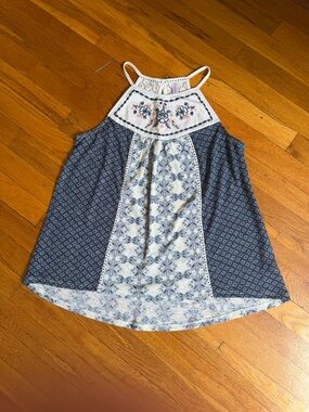 Boho Floral Patchwork Halter Tank - Blue & Cream Large